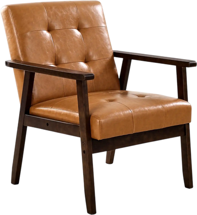 VEVOR Accent Chair, Mid Century Modern Armchair with Solid Wood Frame and Non-Slip Legs, Upholstered Leisure Chair with PU Leather and Soft Cushion, for Living Room, Bedroom, Office