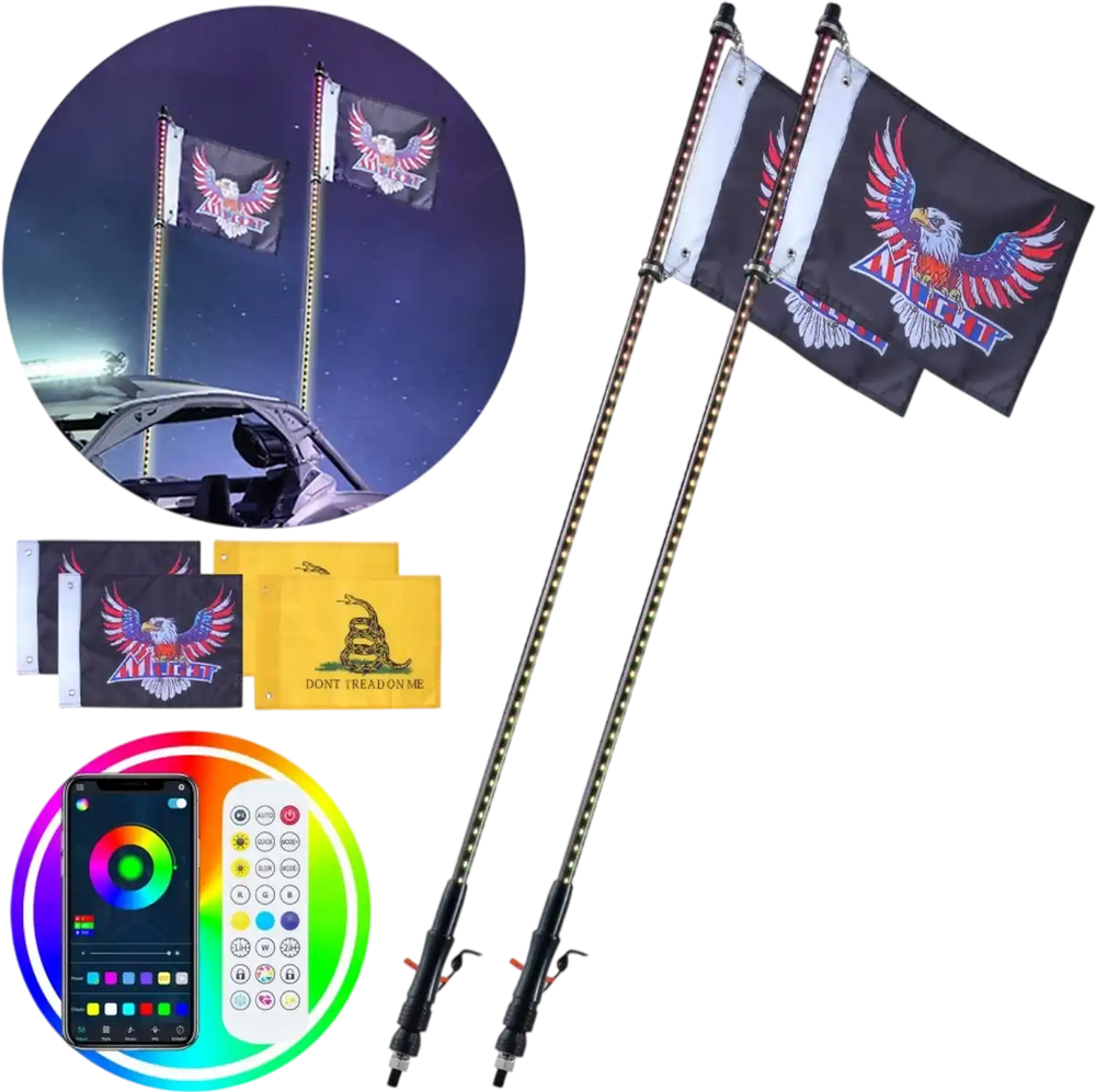 VEVOR 2 PCS 4 FT Whip Light, APP & RF Remote Control Led Whip Light, Waterproof RGB Chasing Lighted Whips with 4 Flags, for UTVs, ATVs, Motorcycles, RZR, Can-am, Trucks, Off-road, Go-karts