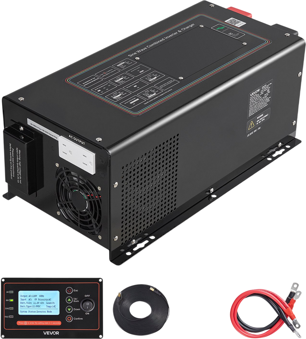 VEVOR Pure Sine Wave Inverter Charger, 3000W, DC 12V to AC 120V Power Inverter with LCD Display, Remote Control, Low Frequency, for RV Camper Home, Compatible with 12V LiFePO4 and Lithium Batteries