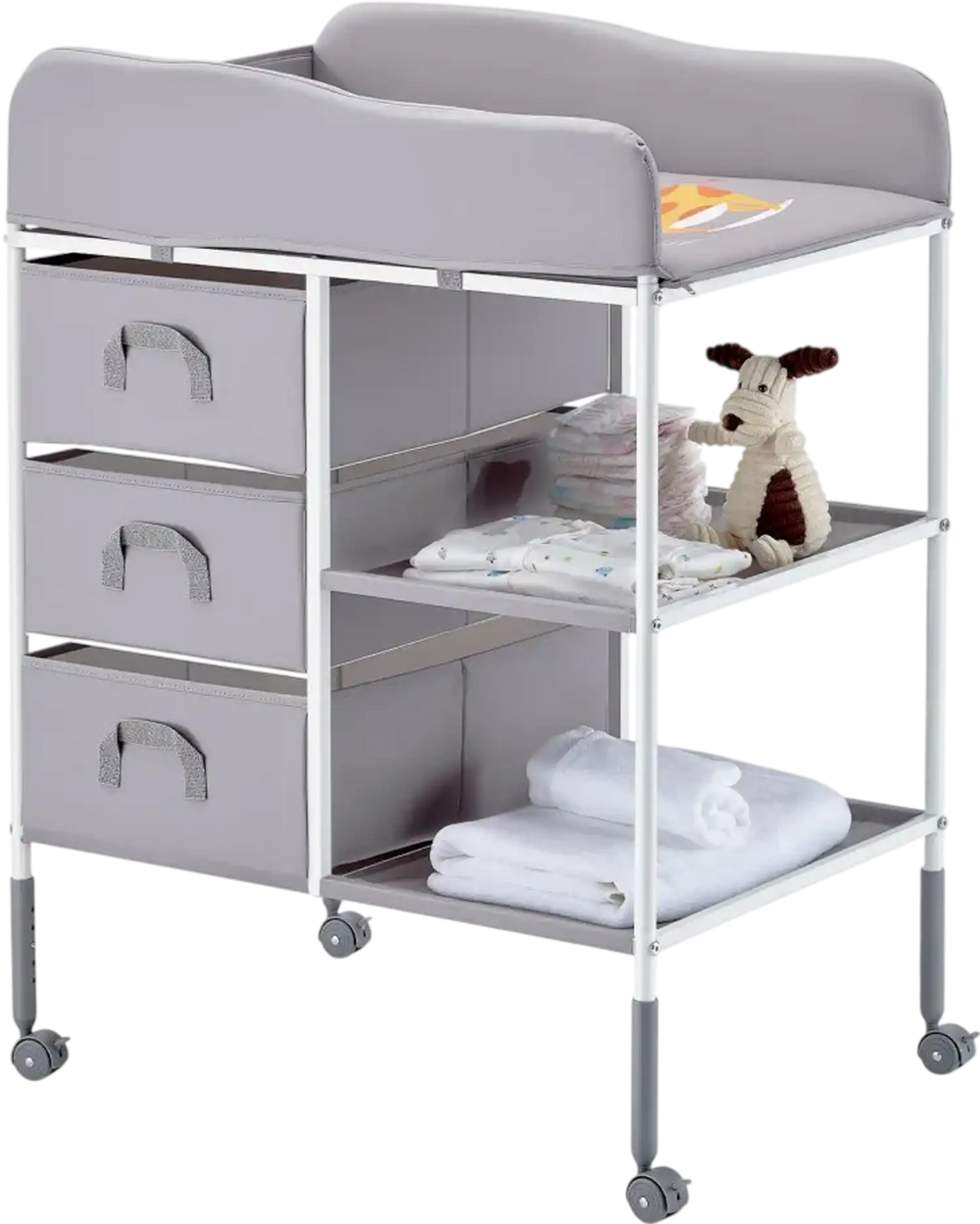 VEVOR Baby Changing Table, Portable Diaper Change Station with 3 Fabric Drawers and Lockable Wheels, Adjustable Height Multi-Functional Changing Station Table with Storage Organizer Nursery, Gray