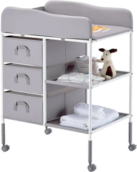 VEVOR Baby Changing Table, Portable Diaper Change Station with 3 Fabric Drawers and Lockable Wheels, Adjustable Height Multi-Functional Changing Station Table with Storage Organizer Nursery, Gray