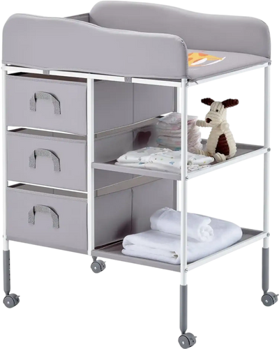 VEVOR Baby Changing Table, Portable Diaper Change Station with 3 Fabric Drawers and Lockable Wheels, Adjustable Height Multi-Functional Changing Station Table with Storage Organizer Nursery, Gray