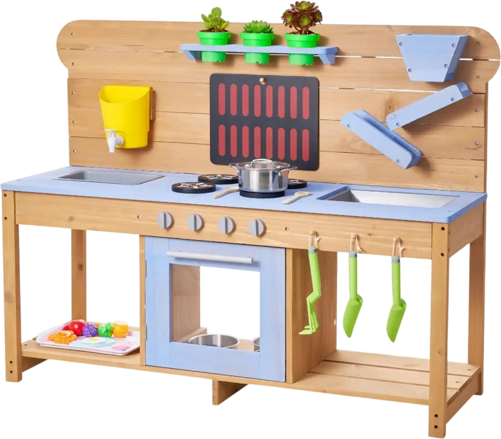 VEVOR Mud Kitchen, Outdoor Mud Kitchen for Kids, Wood Outdoor Play Kitchens with Stoves, Hooks, Double Sinks, Planting Shovels, Spatulas, Cookware Pots and Accessories, Play with Water and Sand