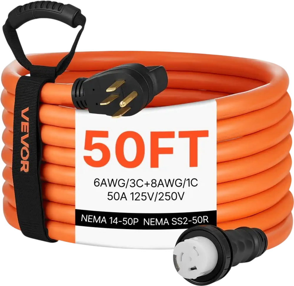 VEVOR 50 Amp Generator Cord, 50 Feet, 125/250V RV Power Cord NEMA 14-50P to SS2-50R with Twist Lock, Grip Handle, Heavy Duty 6AWG/3 + 8AWG/1 Generator Cable, for RV Camper Generator to House, Orange