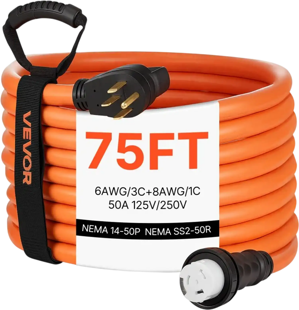 VEVOR 50 Amp Generator Cord, 75 Feet, 125/250V RV Power Cord NEMA 14-50P to SS2-50R with Twist Lock, Grip Handle, Heavy Duty 6AWG/3 + 8AWG/1 Generator Cable, for RV Camper Generator to House, Orange