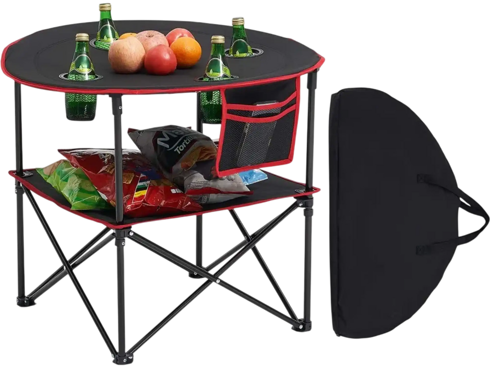 VEVOR Folding Camping Table, Portable Outdoor Lightweight Picnic Table, 600D Oxford Fabric Waterproof Canvas Travel Beach Tables, with 4 Cup Holders, Carry Bag, for Tailgating Camping Picnic, Black