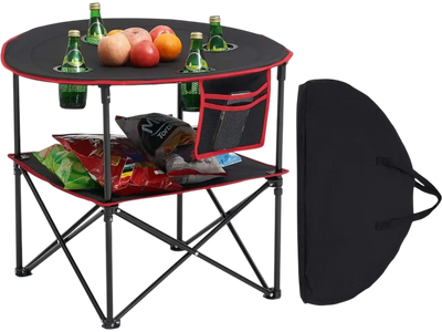 VEVOR Folding Camping Table, Portable Outdoor Lightweight Picnic Table, 600D Oxford Fabric Waterproof Canvas Travel Beach Tables, with 4 Cup Holders, Carry Bag, for Tailgating Camping Picnic, Black