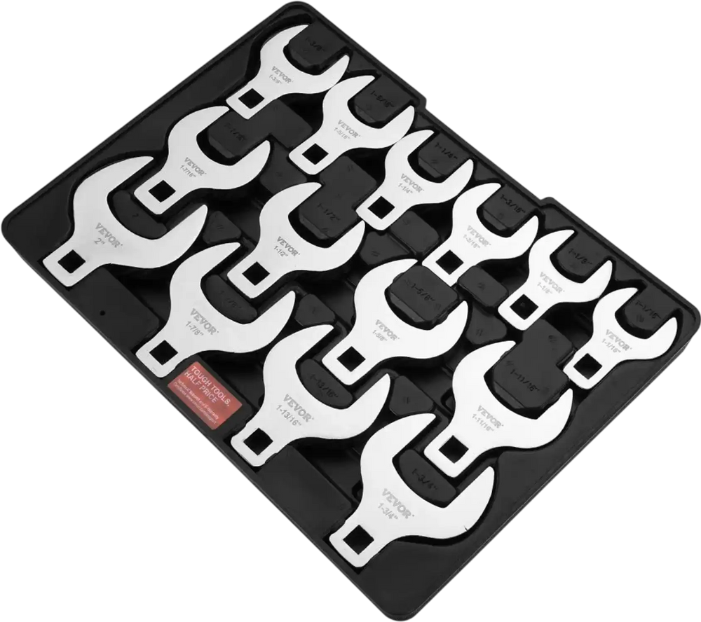 VEVOR Crowfoot Wrench Set, 1/2" Drive 14-Piece SAE (1-1/16" - 2") Crows Foot Wrench Set with Storage Tray, 40CR Material with Laser Etched Sizing, for Mechanical Maintenance or Repairs