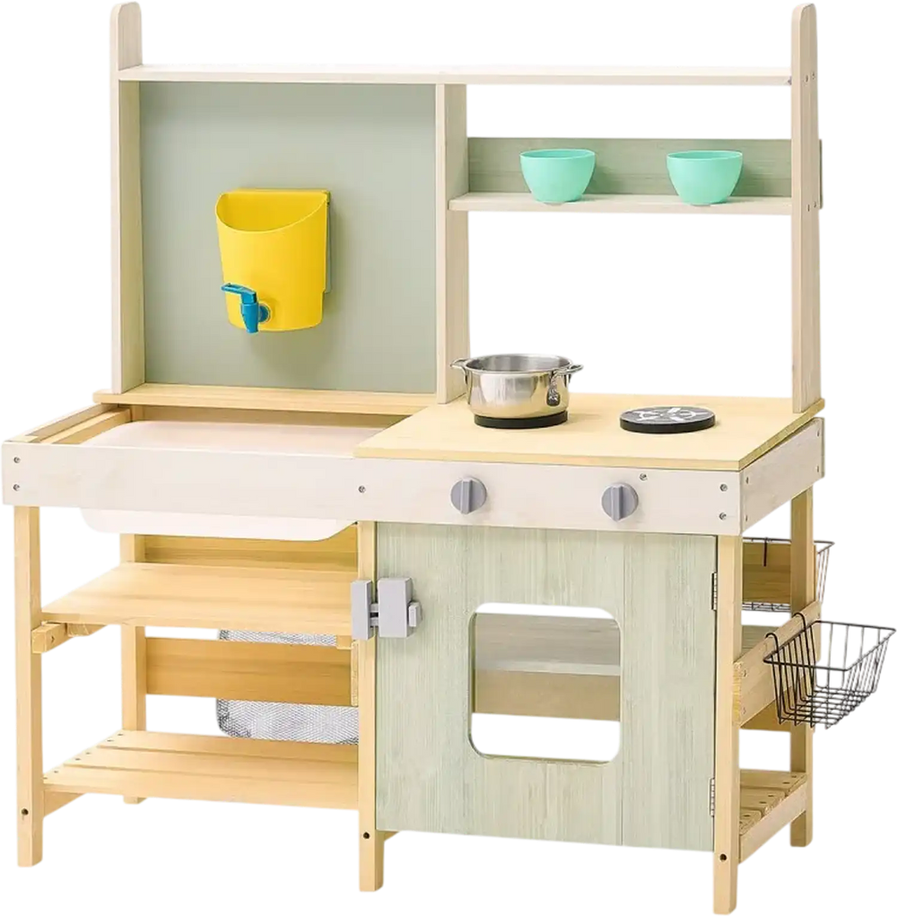 VEVOR Mud Kitchen for Kids, Wooden Toy Play Kitchen Set, Outdoor Toddler Grocery Store Playset, Pretend Play Kitchen with Stoves, Tank, Faucet, Storage Bag, Metal Baskets, and Cookware Pots
