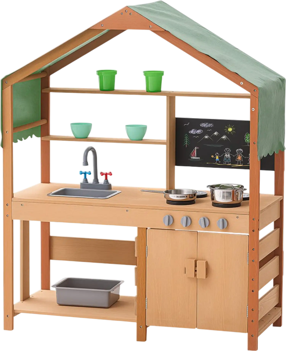 VEVOR Mud Kitchen for Kids, Wooden Toy Play Kitchen Set with Accessories, Outdoor Toddler Grocery Store Playset, Pretend Play Kitchen with Stoves, Planter Boxes, Sink, Faucet, Blackboard, Cookware Pot