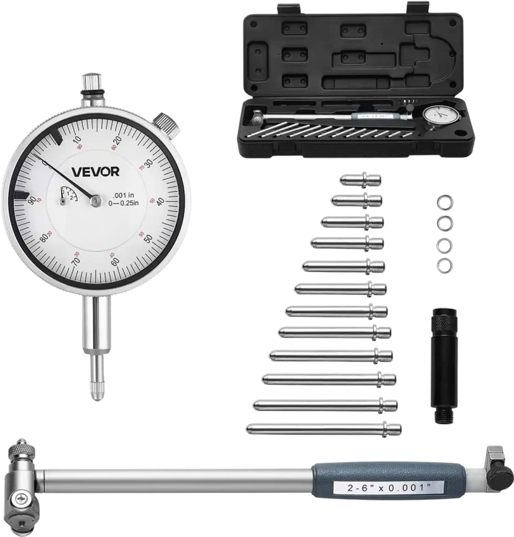 VEVOR Dial Test Indicator and Bore Gauge Measuring Tool Set, Dial Indicator 0.001 inch Accuracy, 2-6 inch Bore Range with Rod, Storage Case, Anvils for Industrial Machining Measurements