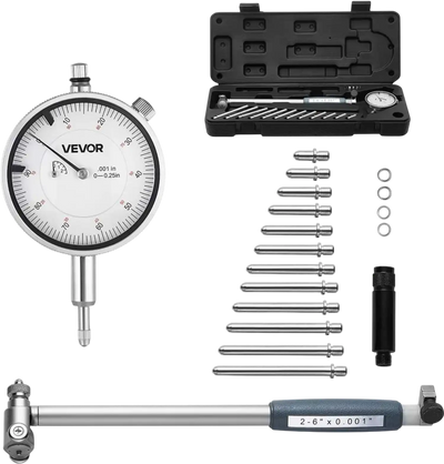 VEVOR Dial Test Indicator and Bore Gauge Measuring Tool Set, Dial Indicator 0.001 inch Accuracy, 2-6 inch Bore Range with Rod, Storage Case, Anvils for Industrial Machining Measurements