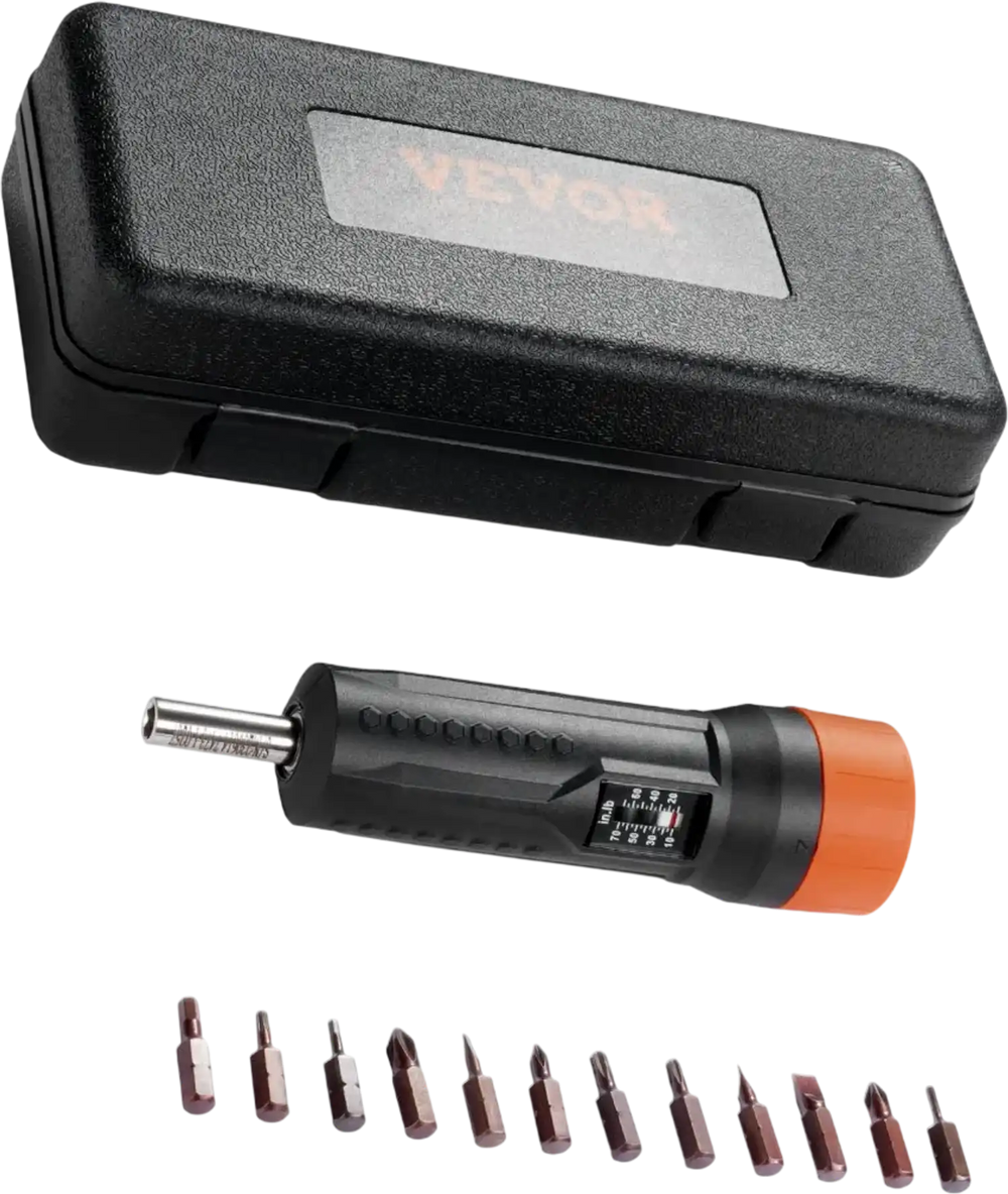 VEVOR 1/4" Drive Torque Screwdriver Wrench Set | 10-70 in-lbs Torque Adjustment Range | 1 in-lb Increment Torque Screwdriver | Driver Bits Set with View Window, 12 Bits & Case, Magnetic Function