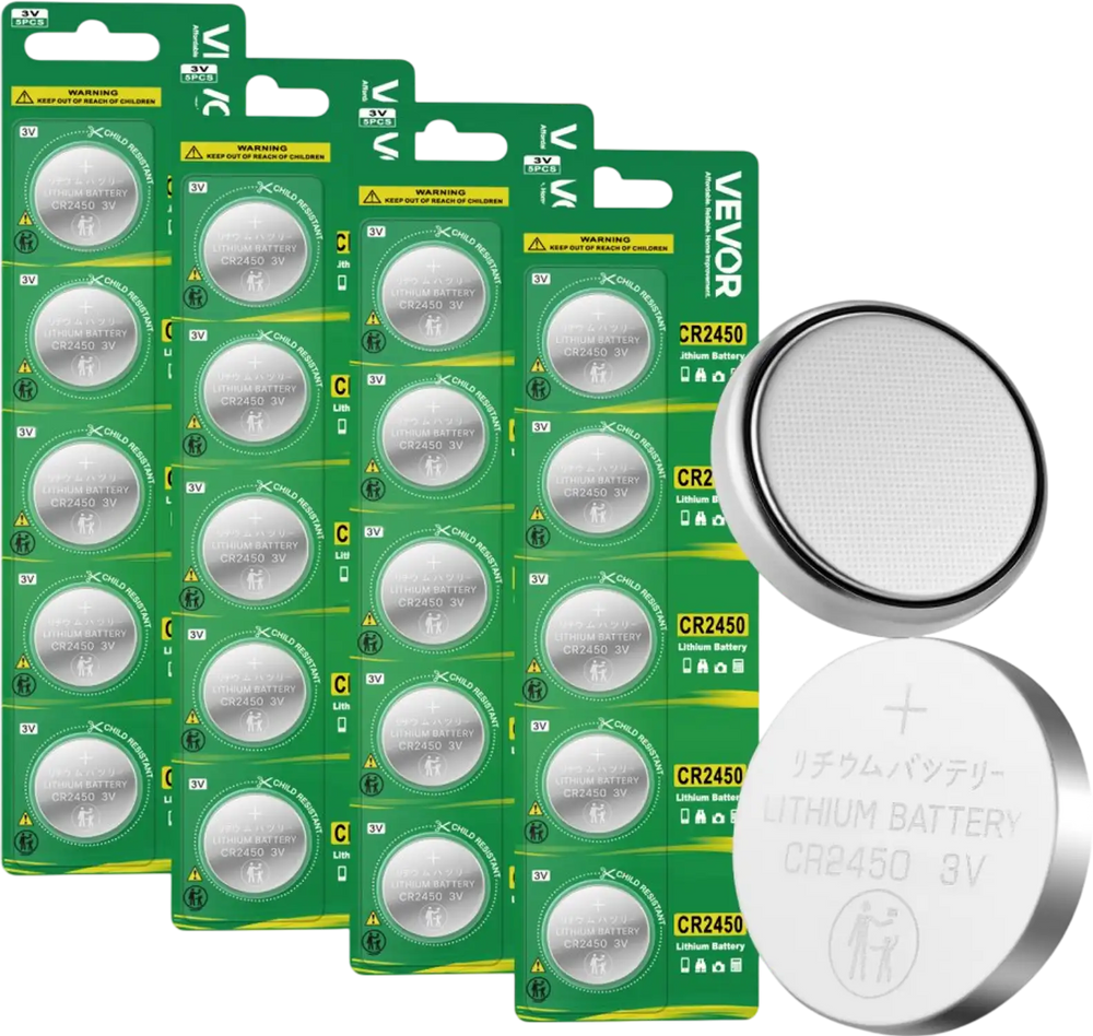 VEVOR CR2450 Lithium Battery, 20 Count (Pack of 4) Lithium Coin Battery, Non-Mercury and Anti-Swallow Designed, Long Lasting 3V CR 2450 Cell Batteries, for Key Fobs, Glucometers, and Other Devices