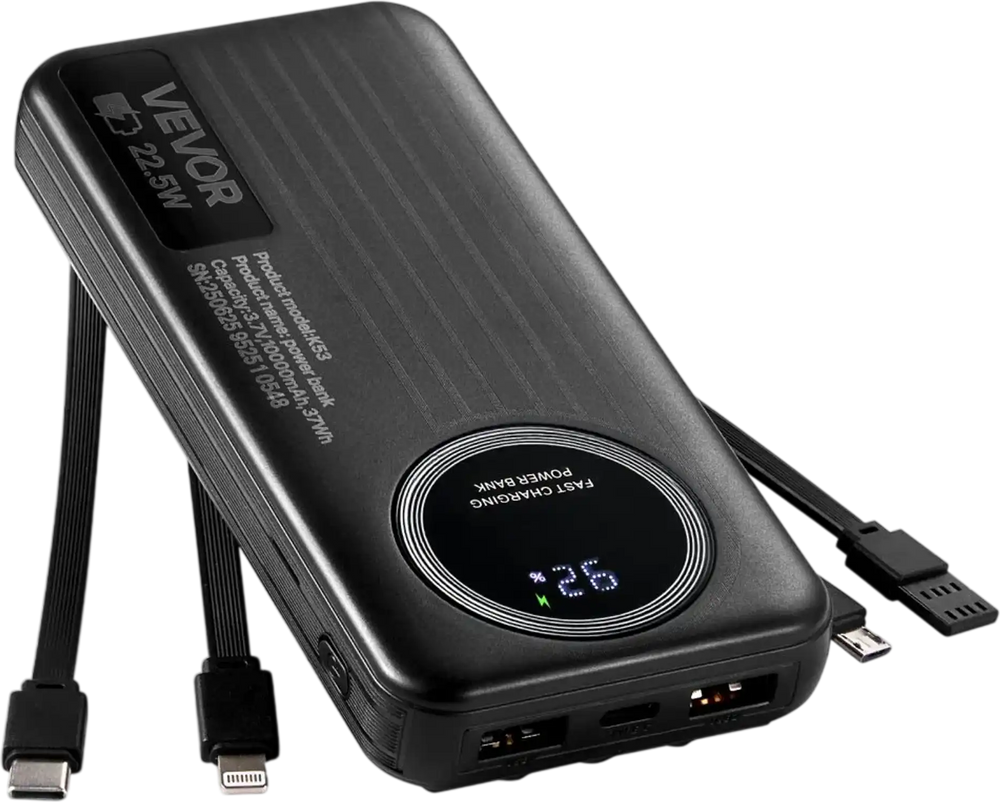 VEVOR Portable Charger, with Built-in Cables, 10000 mAh Travel Battery Pack, 6 Outputs 3 Inputs Fast Charging Power Bank with USB Type-C Micro-B Input, Smart LED Display, for iPhone, Samsung, Android