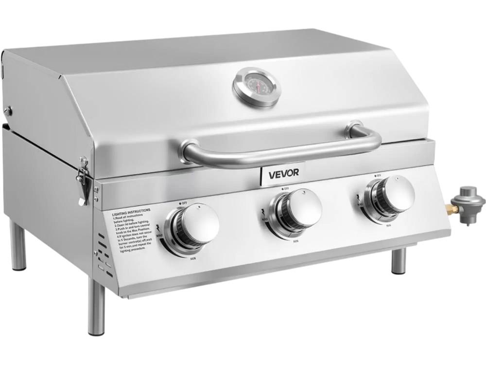 VEVOR Tabletop Gas Grill, 3-Burner Stainless Steel Portable Propane Grill, with Built-in Thermometer, Travel Locks, Weatherproof Lid, 22,500 BTU Total, for Outdoor Cooking, Patio, Party, Camping, RV