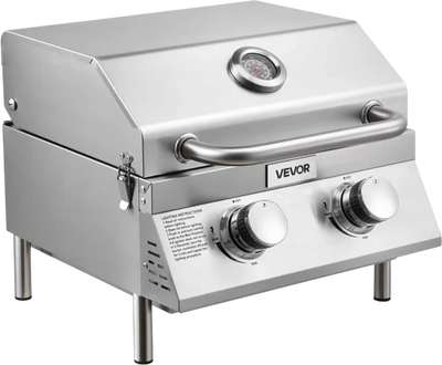 VEVOR Tabletop Gas Grill, 2-Burner Stainless Steel Portable Propane Grill, with Built-in Thermometer, Travel Locks, Weatherproof Lid, 15,000 BTU Total, for Outdoor Cooking, Patio, Party, Camping, RV