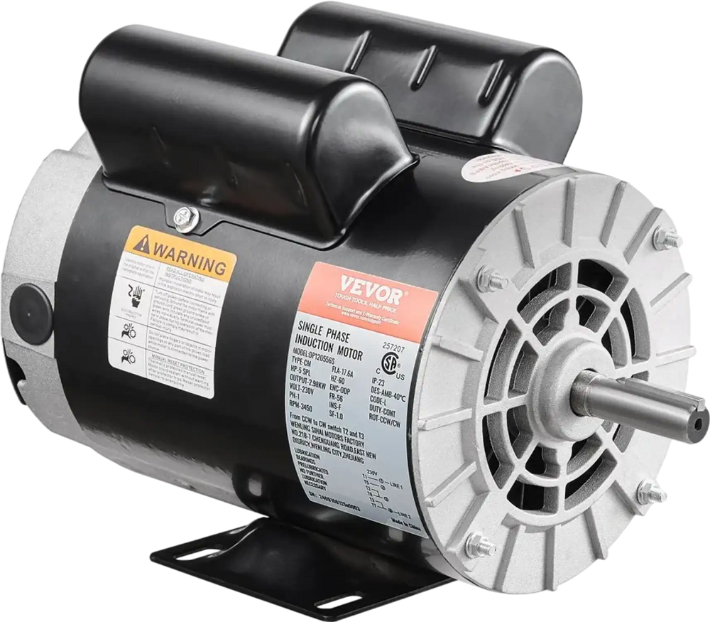 VEVOR 5HP SPL Air Compressor Electric Motor, 230V 17.6Amps, 56 Frame 3450RPM, 5/8" Keyed Shaft, 1.88" Shaft Length, CW/CCW Rotation (Factory Setting is CCW), Single Phase