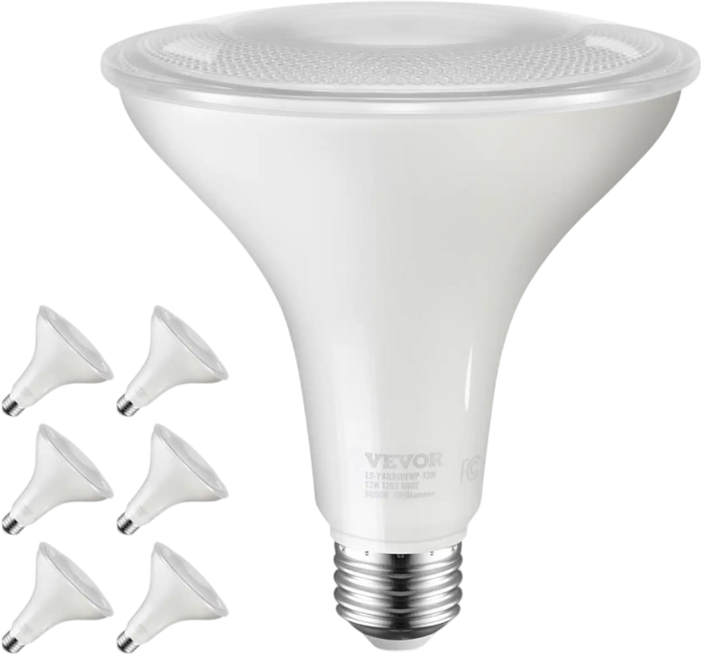 VEVOR PAR38 Flood Light Bulb, 6 Pack LED Outdoor Flood Lights, 1050 Lumens LED Flood Light Bulbs, 5000K Cool White Light, 15,000 Hour Lifetime, Weatherability Stepless Dimmable Recessed Can Light Bulb