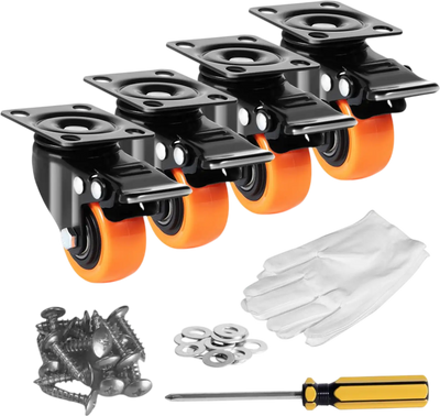 VEVOR Caster Wheels, 2-inch Swivel Plate Casters, Set of 4, with Security Dual Locking No Noise PVC Wheels, Heavy Duty 150 lbs Load Capacity Per Caster, Non-Marking Wheels for Cart Furniture Workbench