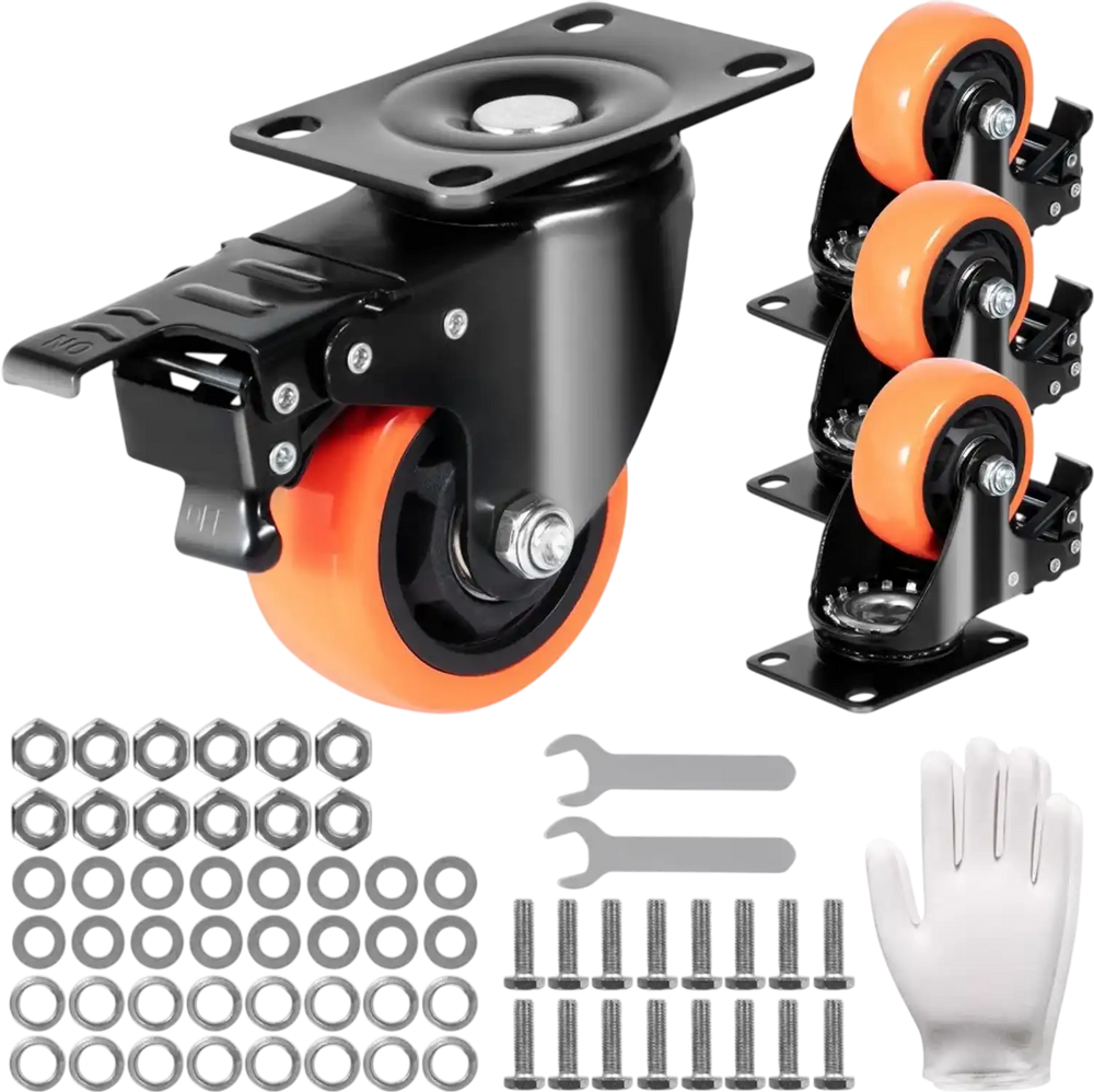 VEVOR Caster Wheels, 3-inch Swivel Plate Casters, Set of 4, with Security A/B Locking No Noise PVC Wheels, Heavy Duty 250 lbs Load Capacity Per Caster, Non-Marking Wheels for Cart Furniture Workbench