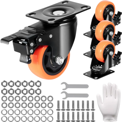VEVOR Caster Wheels, 3-inch Swivel Plate Casters, Set of 4, with Security A/B Locking No Noise PVC Wheels, Heavy Duty 250 lbs Load Capacity Per Caster, Non-Marking Wheels for Cart Furniture Workbench