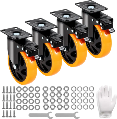 VEVOR Caster Wheels, 5-inch Swivel Plate Casters, Set of 4, with Security A/B Locking No Noise PVC Wheels, Heavy Duty 450 lbs Load Capacity Per Caster, Non-Marking Wheels for Cart Furniture Workbench