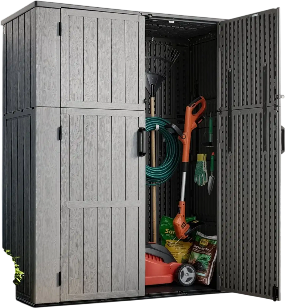 VEVOR Outdoor Storage Shed 59 Cu Ft Vertical Resin Storage Cabinet Gray, for Garage, Backyard Patio Accessories and Garden Tools, Waterproof Outside Lawn Mower Shed with Lockable Doors and Floor