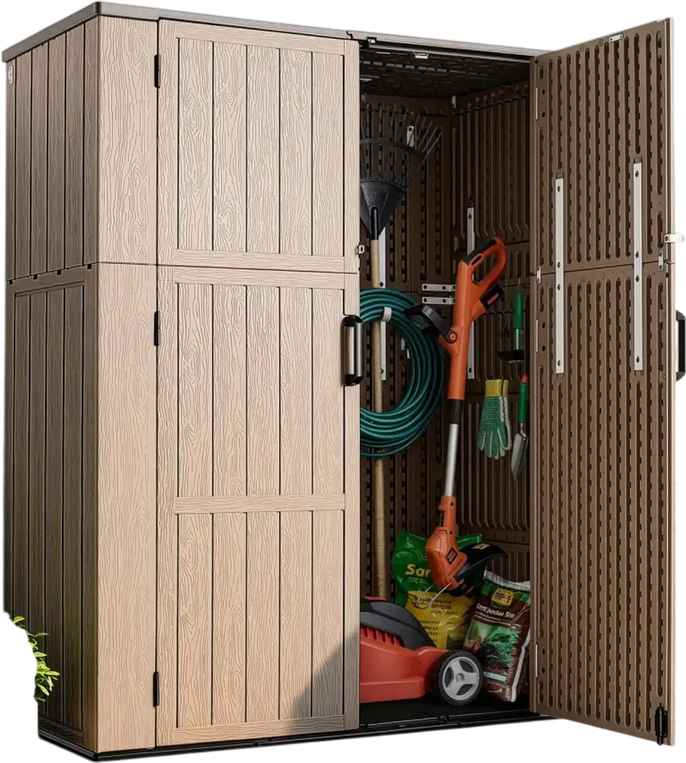 VEVOR Outdoor Storage Shed 59 Cu Ft Vertical Resin Storage Cabinet Brown, for Garage, Backyard Patio Accessories and Garden Tools, Waterproof Outside Lawn Mower Shed with Lockable Doors and Floor