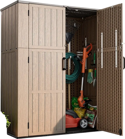 Vevor Outdoor Storage Shed 59 cu. ft. Brown Resin Cabinet with Lockable Doors and Floor New