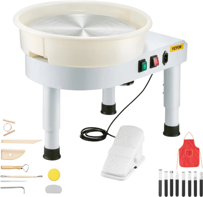 VEVOR Pottery Wheel, 14 in Ceramic Wheel Forming Machine, 60-300 RPM Speed Adjustable Foot Pedal, Adjustable Lift Leg, Detachable Basin, Complete Tool Accessory Kit for Work Art Craft DIY, White