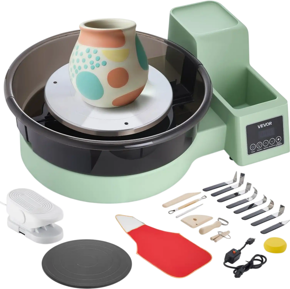 VEVOR Pottery Wheel for Adults, 14" and 11" Turntables, 450W Electric Table Top Pottery Wheel with Foot Pedal, 30-300 RPM Adjustable Speed, Detachable Basin, for Beginners, DIY Clay Art Craft, Green