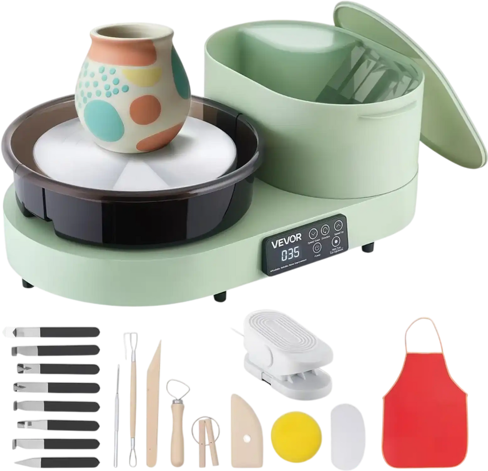VEVOR Pottery Wheel for Adults, 11" Aluminum Turntable, 450W Electric Table Top Pottery Wheel with Foot Pedal, 30-300 RPM Adjustable Speed, Aluminum Body, for Beginners, DIY Clay Art Craft, Green