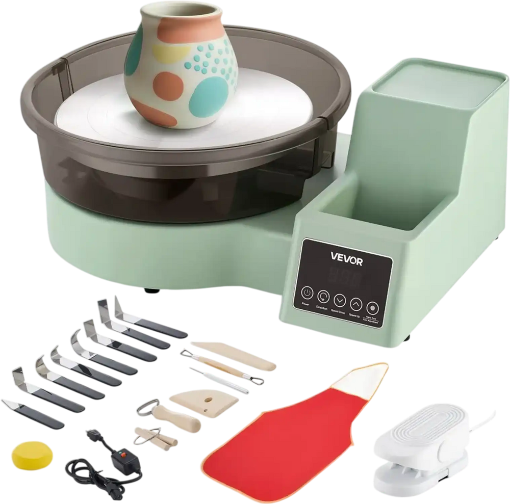 VEVOR Pottery Wheel for Adults, 11" Aluminum Turntable, 450W Electric Table Top Pottery Wheel with Foot Pedal, 30-300 RPM Adjustable Speed, Detachable Basin, for Beginners, DIY Clay Art Craft, Green