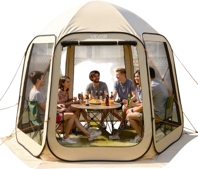 VEVOR Screen House Tent, 10 x 9.2 ft, 4-8 Person Pop Up Screen Tent, Portable Screened in Canopy with Carry Bag, Netting Sides, Ground Stakes, for Garden, Patio, Backyard, Outdoor Activities, Beige