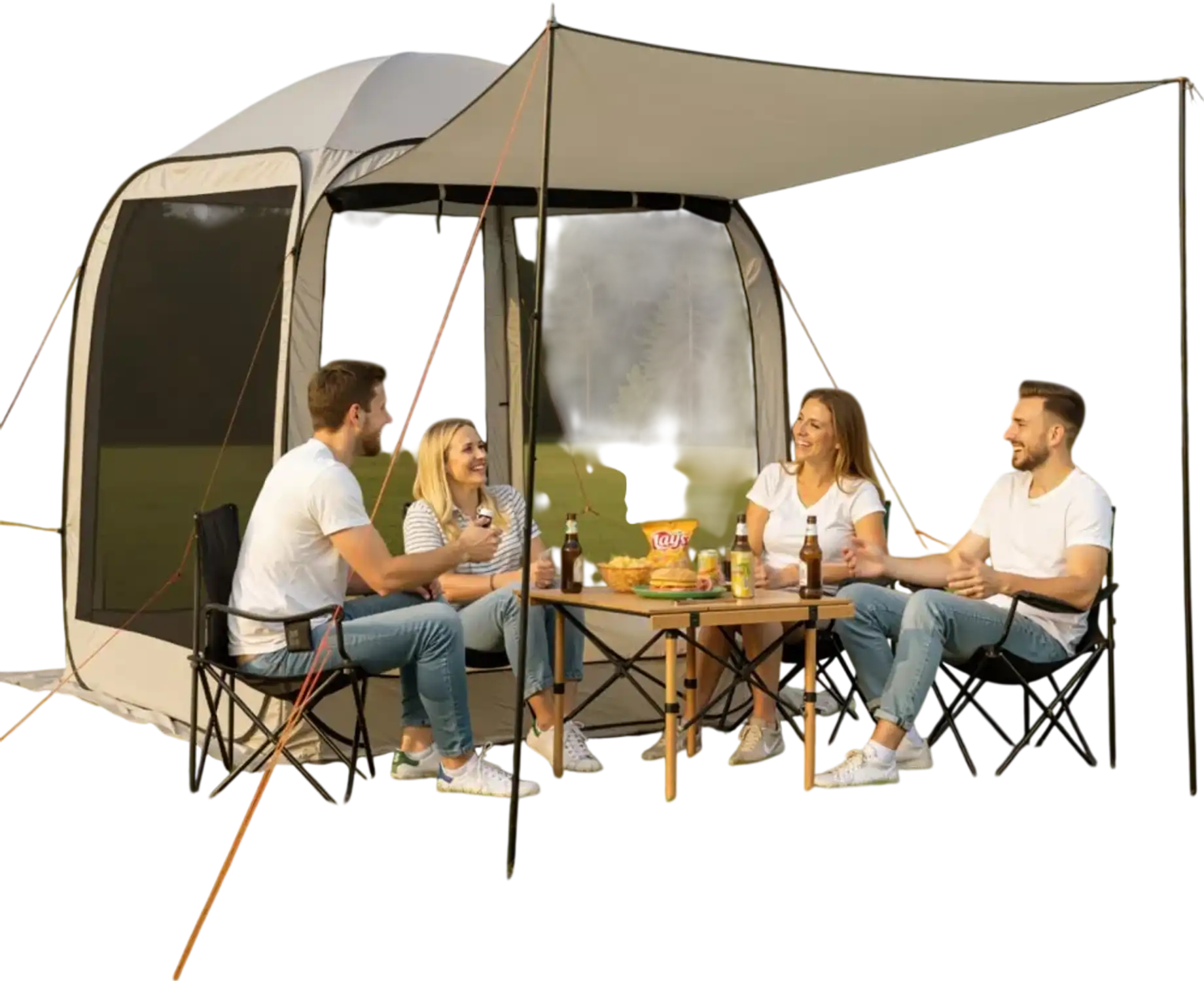 Vevor Screen House Tent 6' x 6' Pop Up Canopy with Extended Awning Beige New
