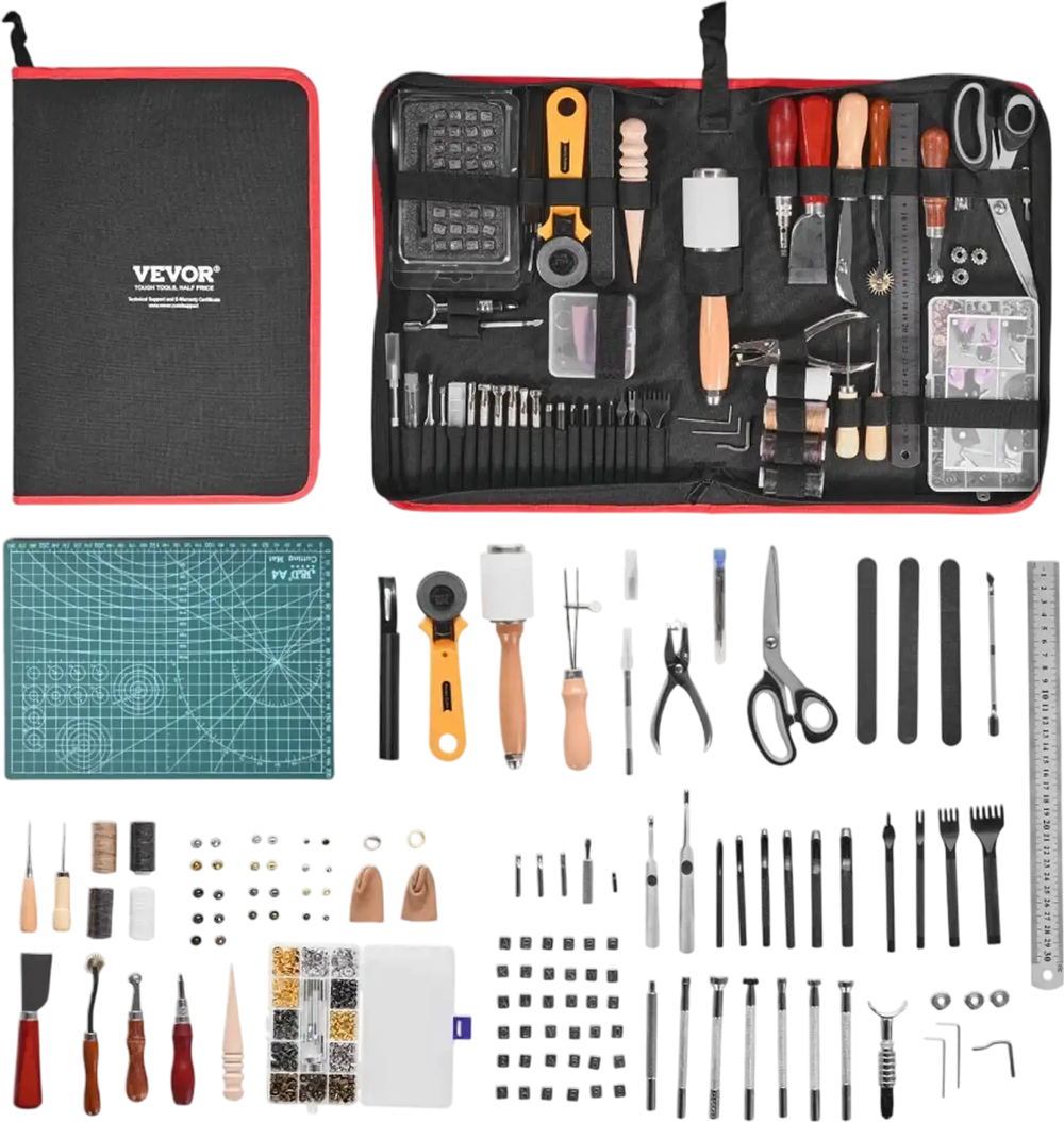 VEVOR Leather Working Tools Kit, 61 PCS Leather Craft Tools with Portable Canvas Storage Bag, Engraving Punching Sewing Stamping Sanding Tools, Ideal for Beginners DIY Enthusiasts and Professionals