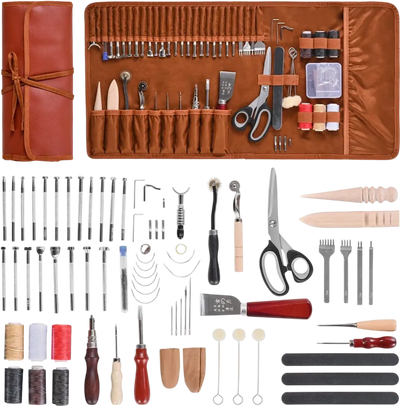 VEVOR Leather Working Tools Kit, 72 PCS Leather Craft Tools with Portable Leather Storage Bag, Engraving Punching Sewing Stamping Sanding Tools, Ideal for Beginners DIY Enthusiasts and Professionals