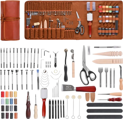 VEVOR Leather Working Tools Kit, 92 PCS Leather Craft Tools with Portable Leather Storage Bag, Engraving Punching Sewing Stamping Sanding Tools, Ideal for Beginners DIY Enthusiasts and Professionals