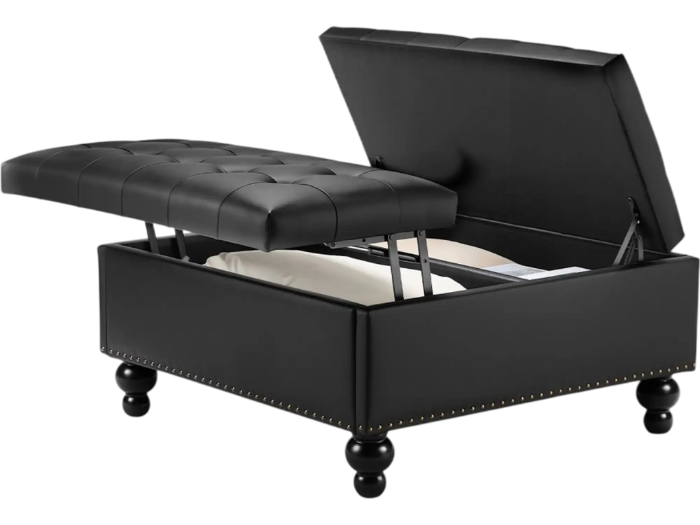 VEVOR 34 in Square Leather Ottoman with Storage, Upholstered Tufted Button Coffee Table Ottoman with Lift-Top & Flip Design, PU Leather High-Density Sponge for Living Room, Bedroom, Dorm, Black