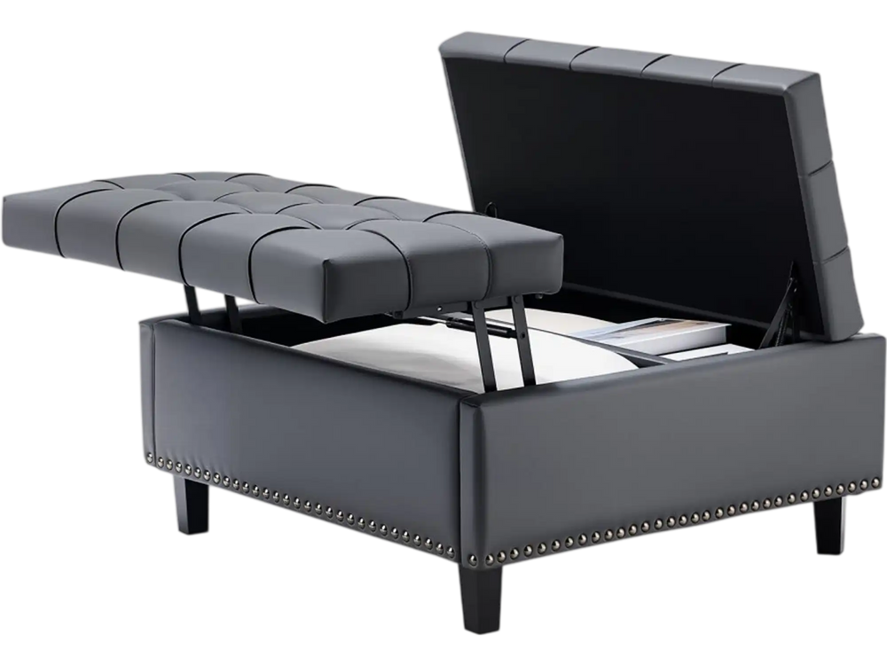 VEVOR 31 in Square Leather Ottoman with Storage, Upholstered Tufted Button Coffee Table Ottoman with Lift-Top & Flip Design, PU Leather High-Density Sponge for Living Room, Bedroom, Dorm, Grey