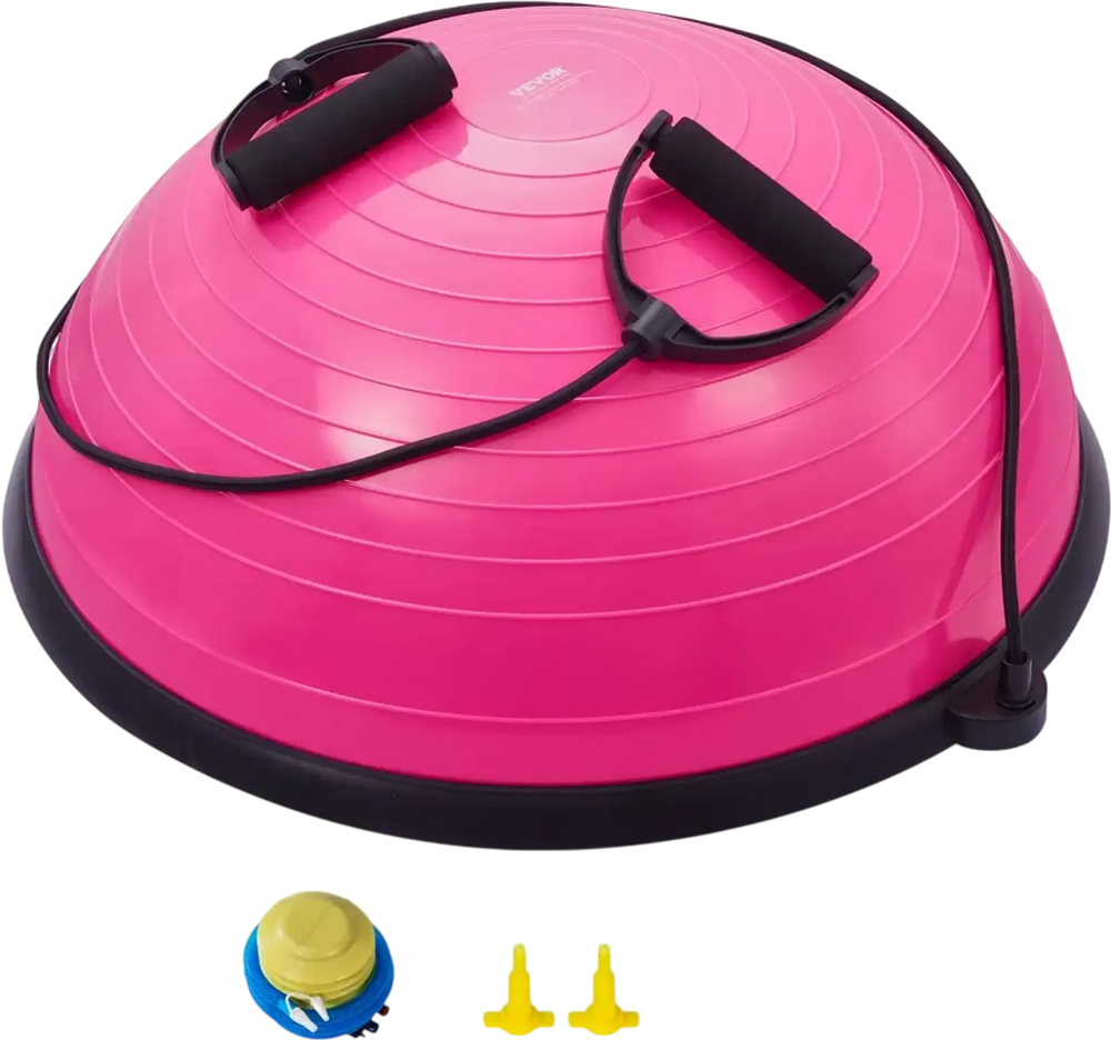 VEVOR Half Exercise Ball Trainer, 23 inch Balance Ball Trainer, 660lbs Capacity Stability Ball, Yoga Ball with Resistance Bands & Foot Pump, Strength Fitness Ball for Home Gym, Full Body Workout, Pink
