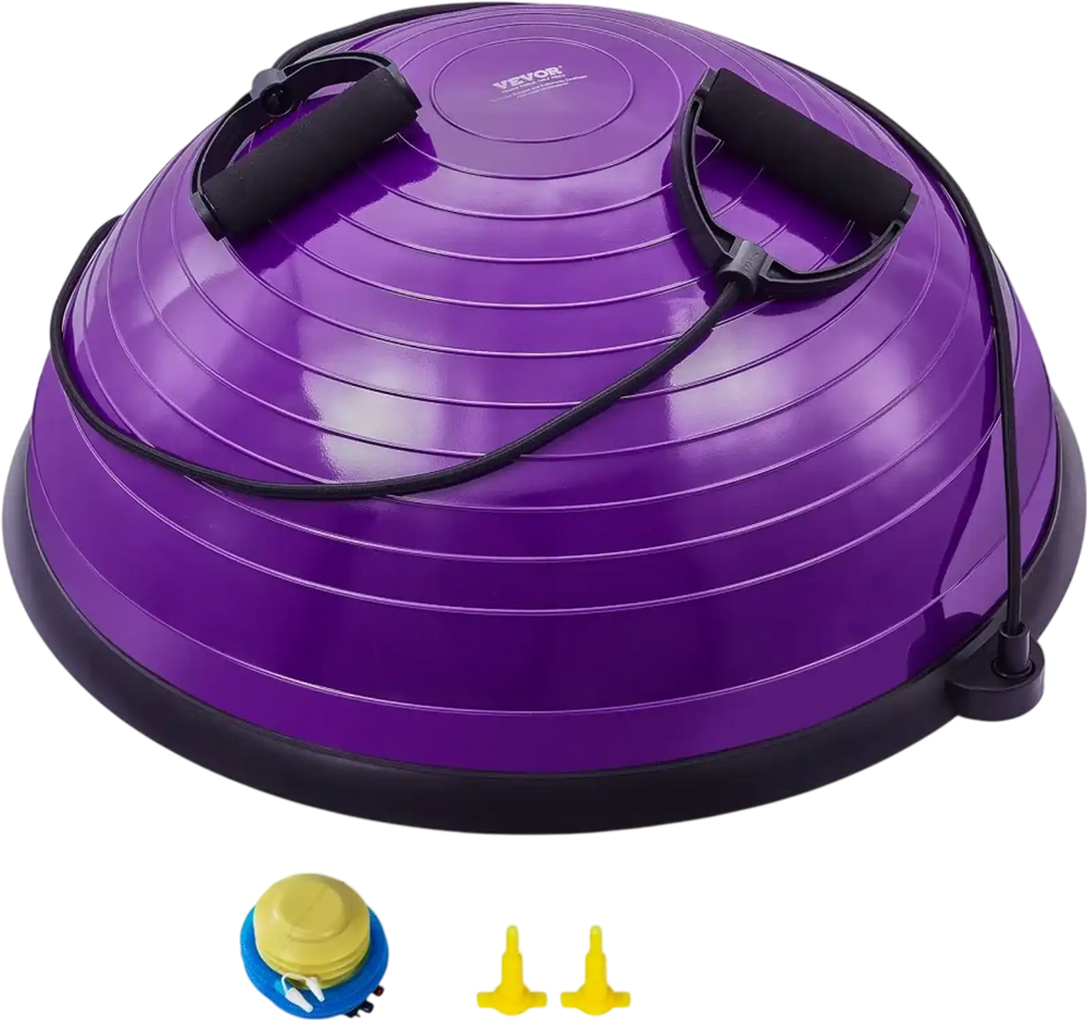 VEVOR Half Exercise Ball Trainer, 23 inch Balance Ball Trainer, 660lbs Stability Ball, Yoga Ball with Resistance Bands & Foot Pump, Strength Fitness Ball for Home Gym, Full Body Workout, Purple