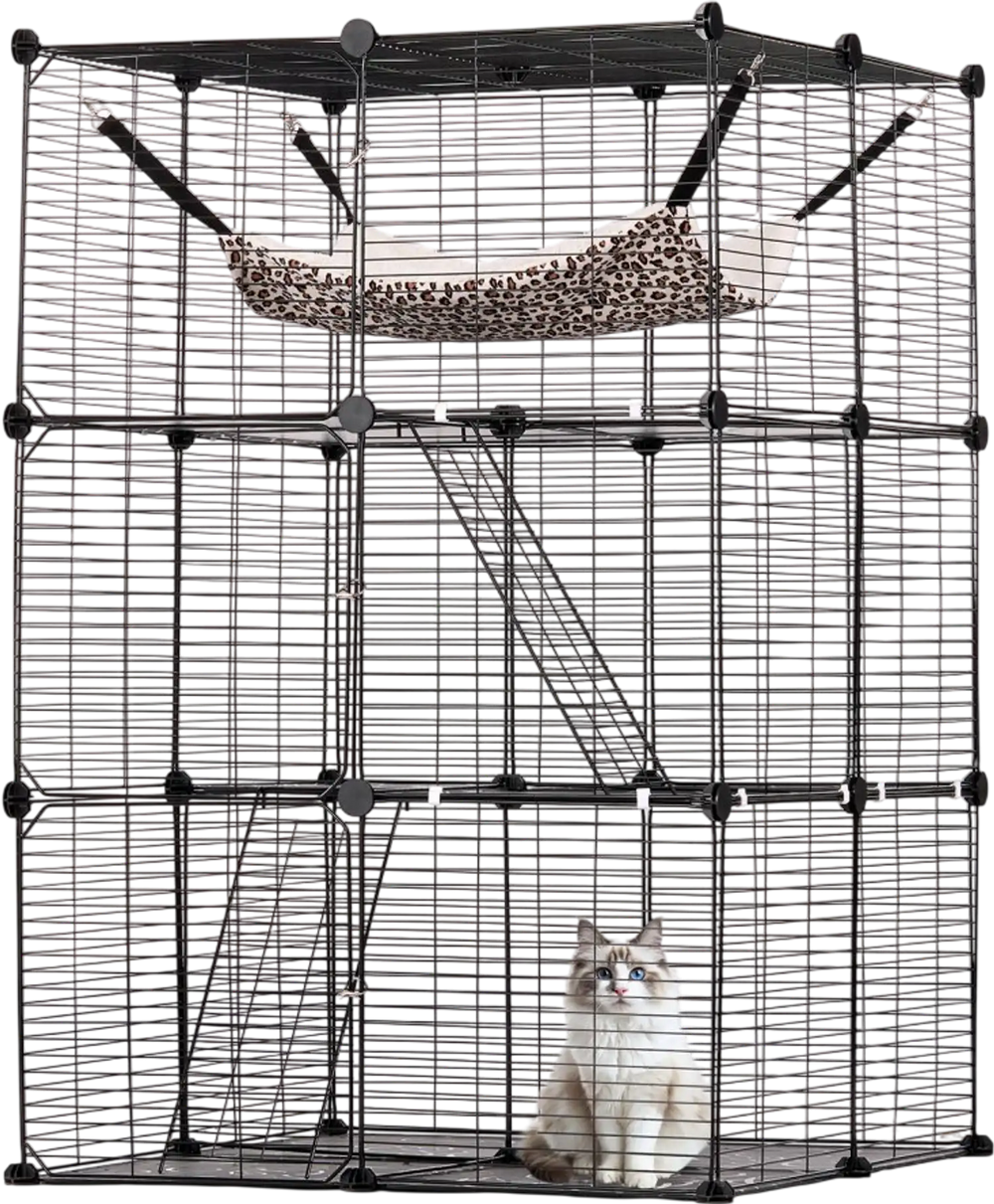 VEVOR Large 3-tier Cat Cage, 28 x 28 x 41", DIY Detachable Metal Wire Durable Cat Enclosure, with Large Hammock 2 Ramp Ladders, Fit for Cats Exercise Indoor ＆ Outdoor, Ease of Assembly, Black