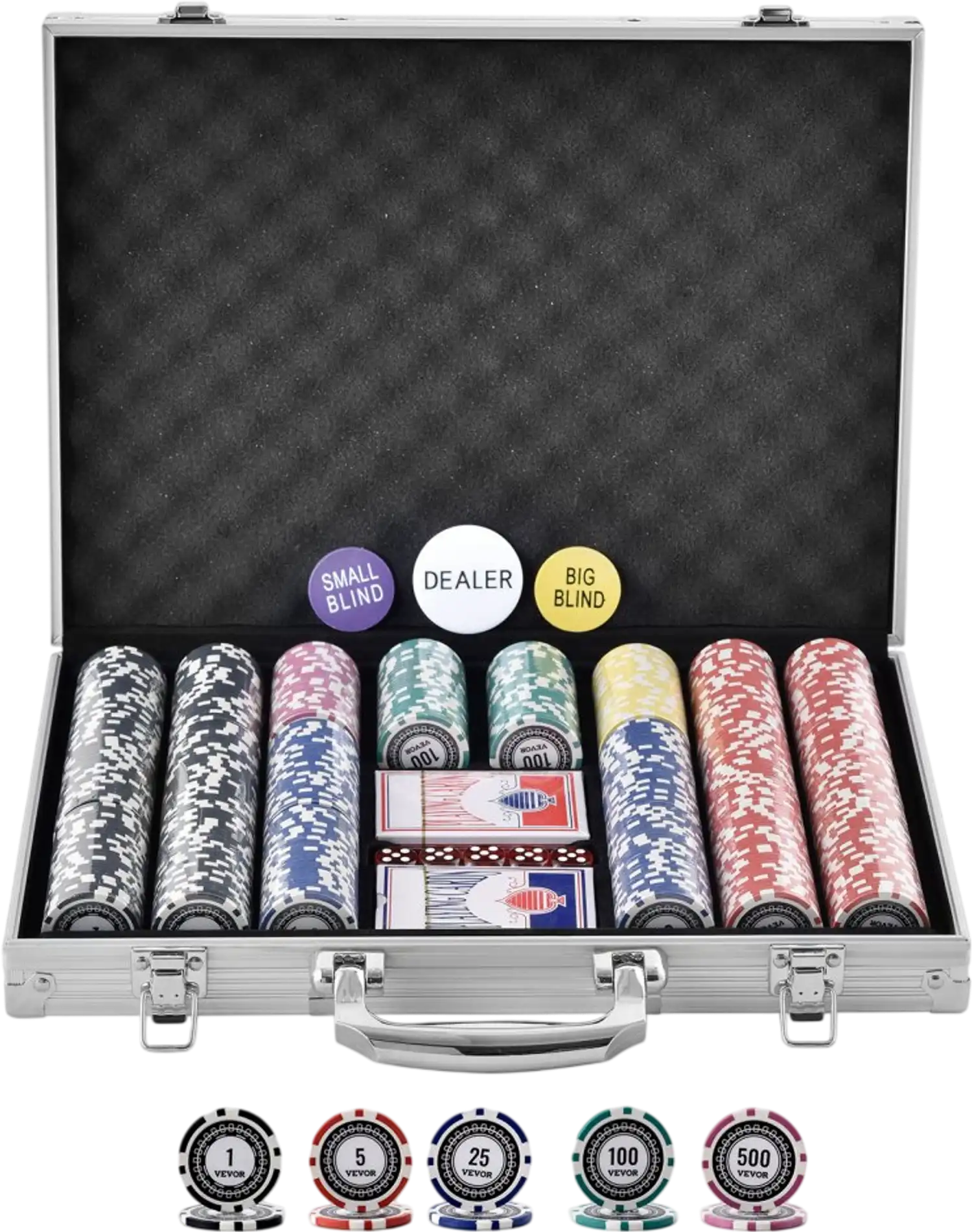 Vevor Poker Chip Set 500-Piece Complete Gaming Set with Aluminum Carrying Case New