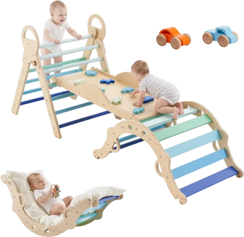 VEVOR Pikler Triangle Set, 9-in-1 Toddler Climbing Toys Indoor, with 2 Wooden Cars, Cushion, Triangle, Arch, and Ramp, 150 lbs Load, Foldable Montessori Climbing Set for Toddlers and Kids, Blue