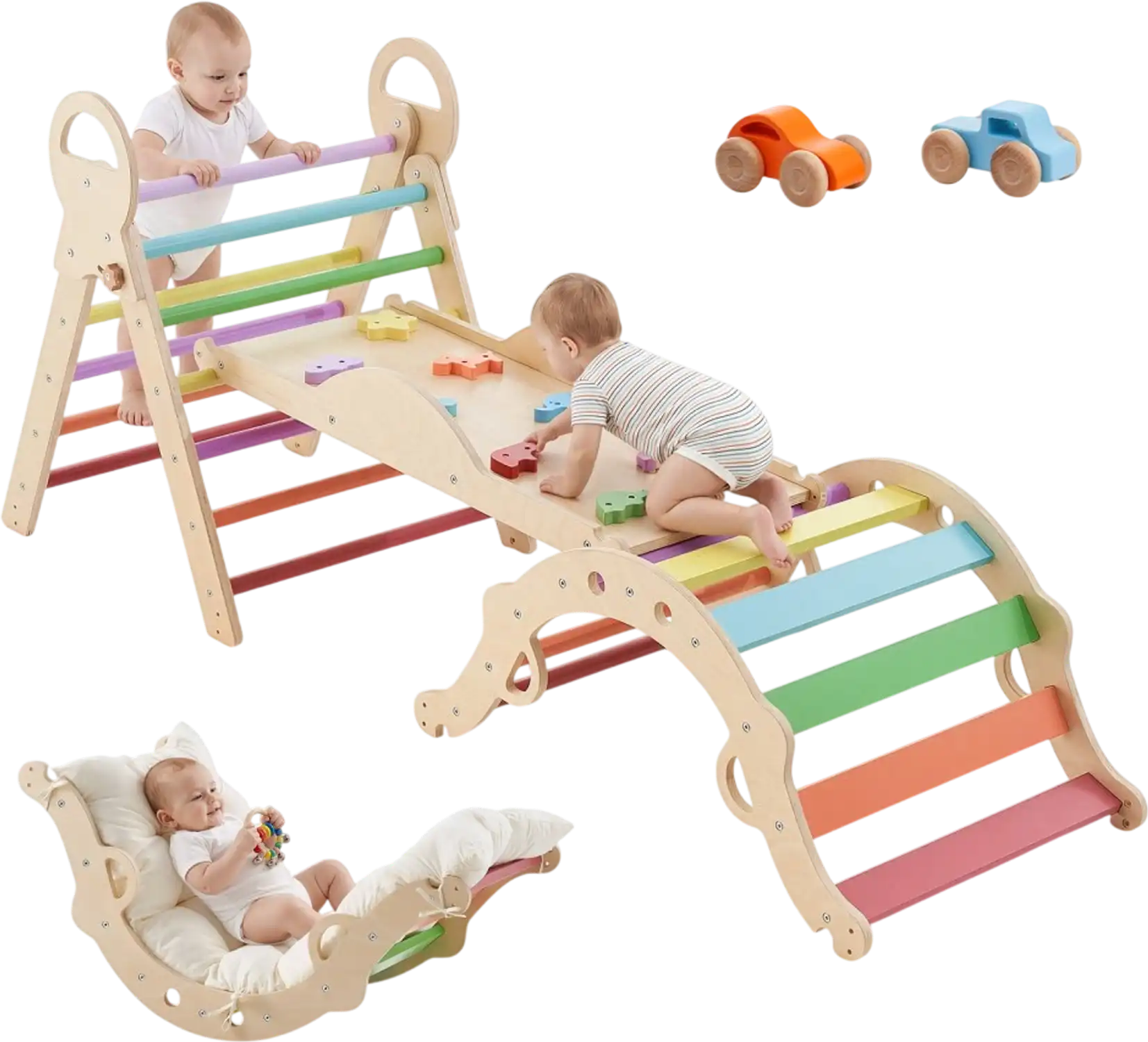 Vevor Pikler Triangle Set 9-in-1 Montessori Climbing Toys with Cushion, Arch, Ramp & 2 Wooden Cars New