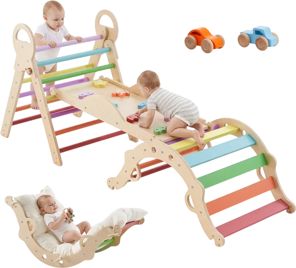 VEVOR Pikler Triangle Set, 9-in-1 Toddler Climbing Toys Indoor, with 2 Wooden Cars, Cushion, Triangle, Arch, and Ramp, 150 lbs Load, Foldable Montessori Climbing Set for Toddlers and Kids, Rainbow