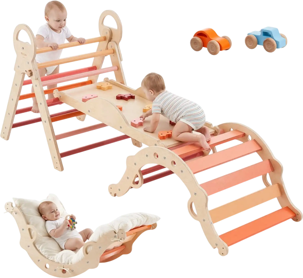 VEVOR Pikler Triangle Set, 9-in-1 Toddler Climbing Toys Indoor, with 2 Wooden Cars, Cushion, Triangle, Arch, and Ramp, 150 lbs Load, Foldable Montessori Climbing Set for Toddlers and Kids, Orange