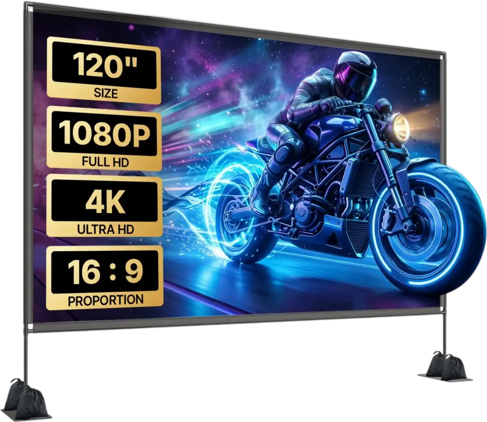 VEVOR Projector Screen with Stands, 120 Inch 16:9 4K 1080P HD Movie Screen, 170° Wide Viewing, Front/Rear Projection Screen with Ground Stakes, Sandbags & Guy Ropes for Home Theater & Backyard Movies